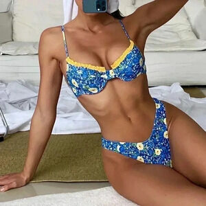Womens Floral Set Frill Underwire Bra & High Cut Bottom Bikini